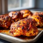 Close-up of baked chicken thigh recipes on a baking sheet, showcasing crispy skin and herb seasoning.
