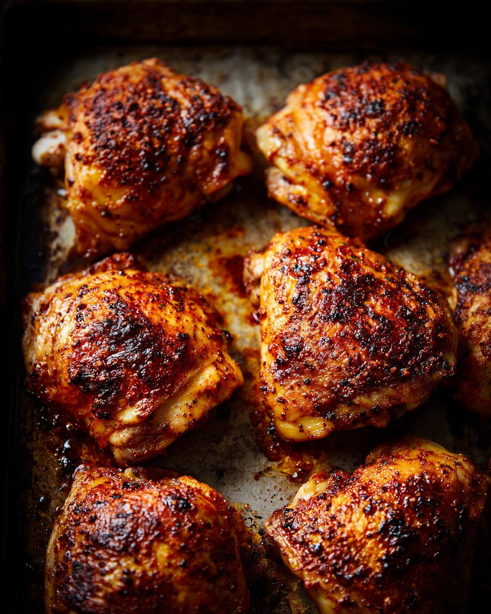 Crispy baked chicken thighs on a baking sheet, perfect for Ultimate Chicken Thigh Recipes Guide.