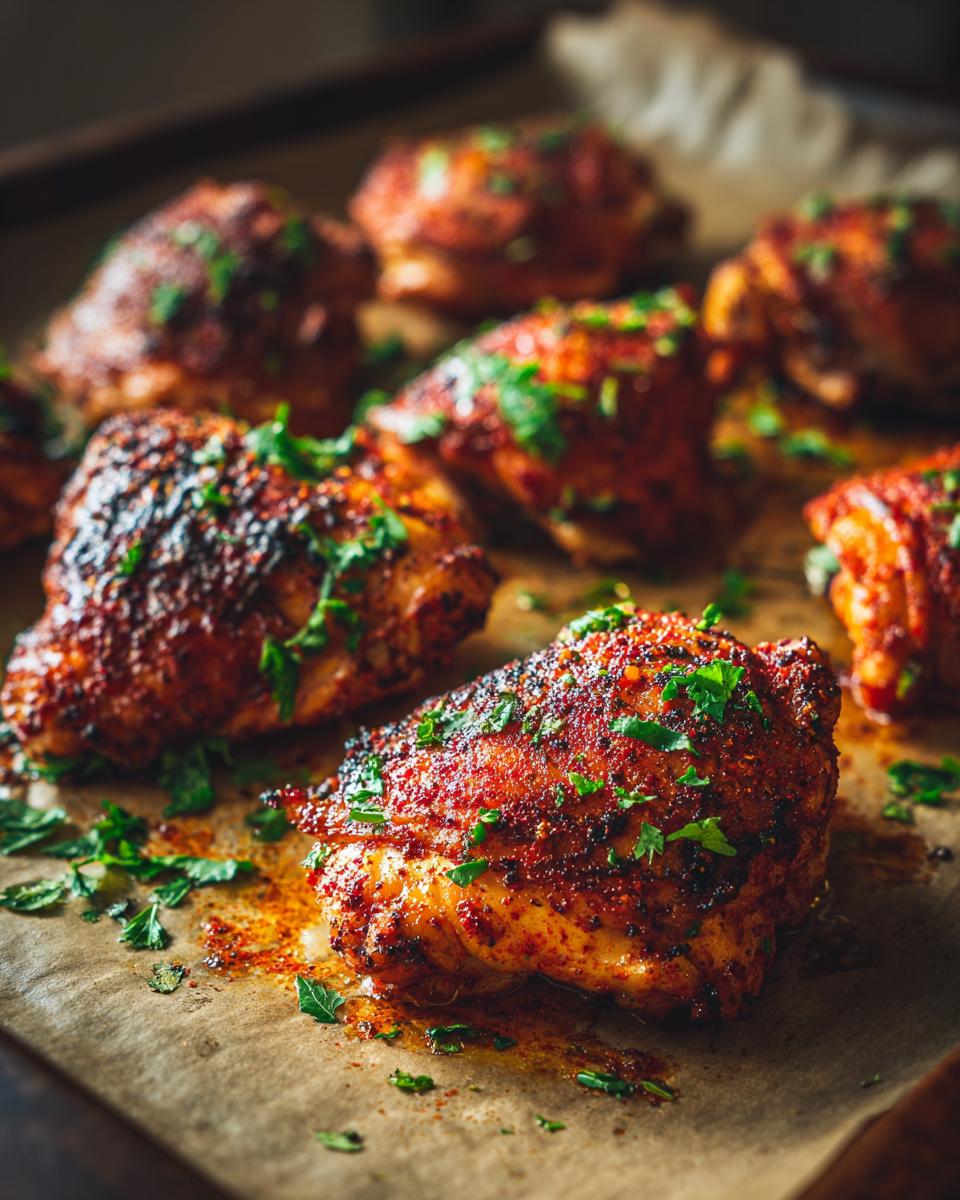 Close-up of baked chicken thighs on a baking sheet, showcasing a recipe for chicken thighs.