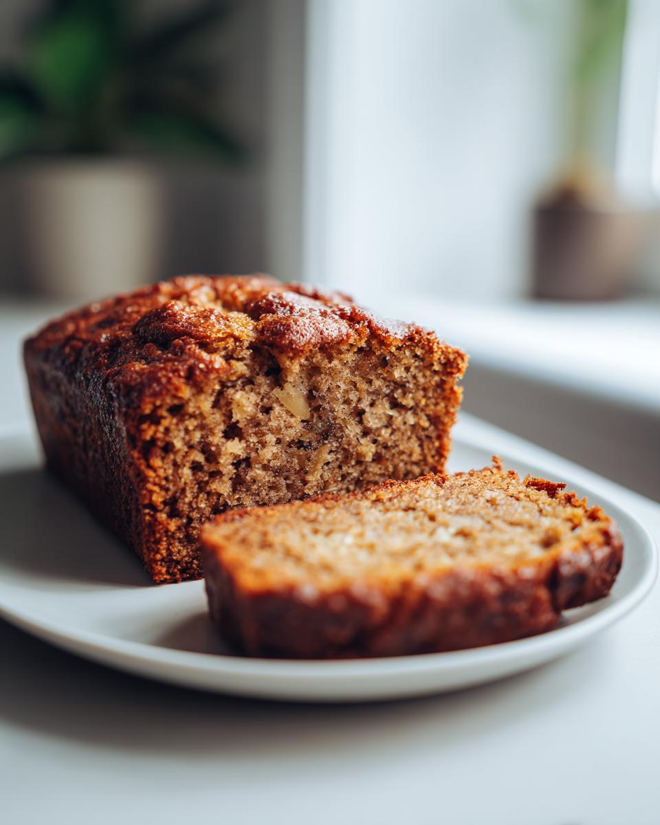 A loaf of freshly baked Banana Bread in 20 Minutes, with a slice cut and ready to eat.