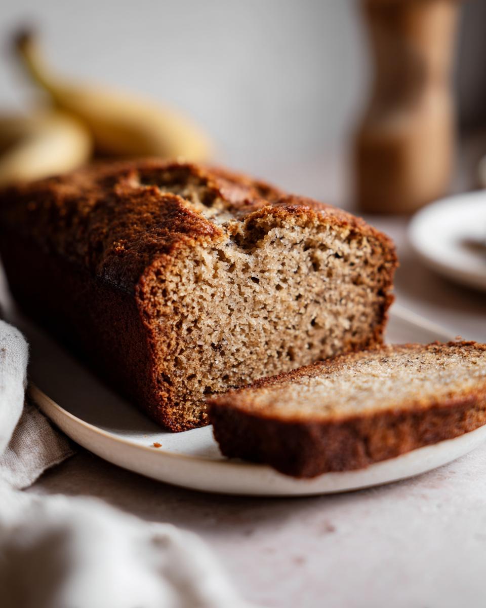 A loaf of banana bread, partially sliced, showcasing the texture of this Banana Bread in 20 Minutes recipe.