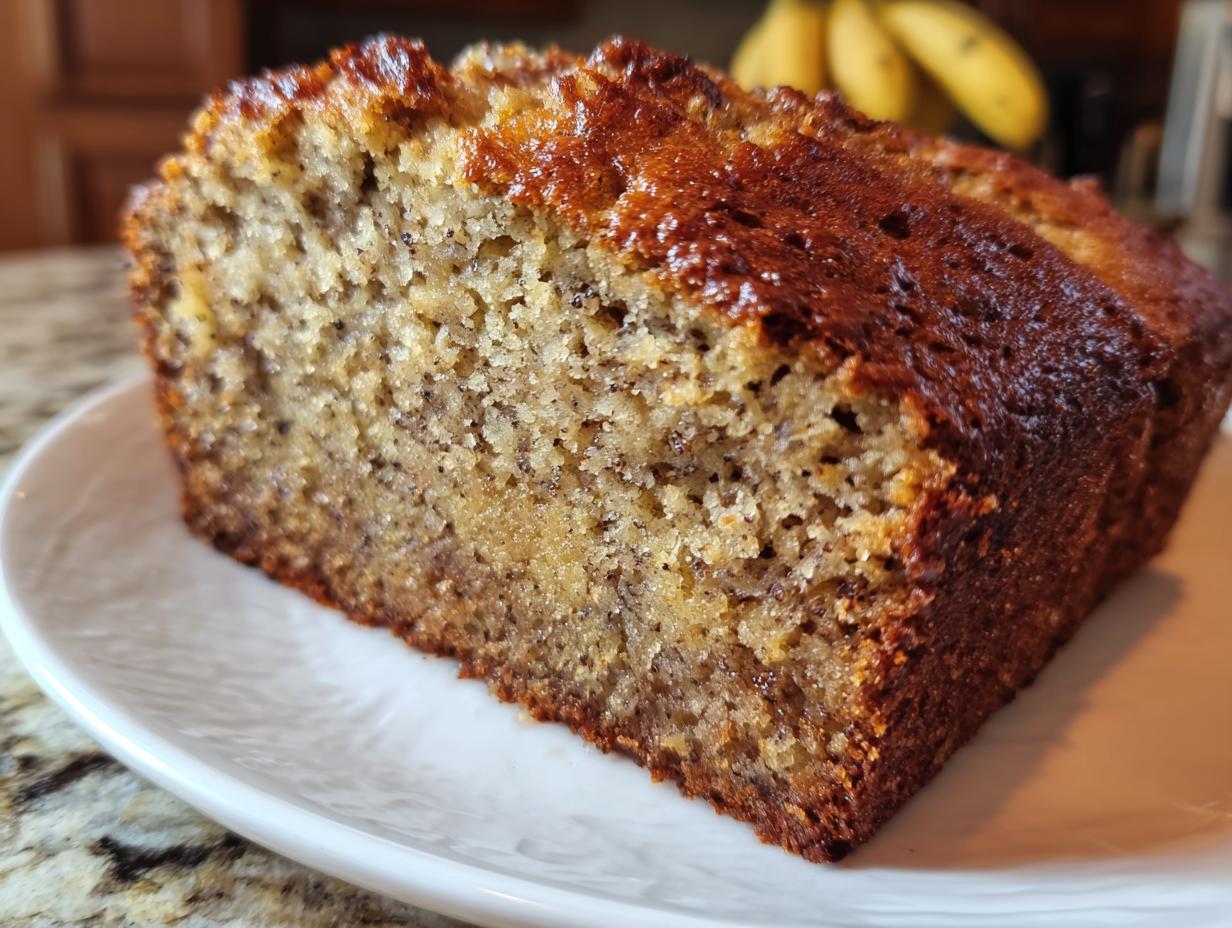 Close-up of a freshly baked loaf of Banana Bread on a white plate, ready to be sliced and enjoyed.