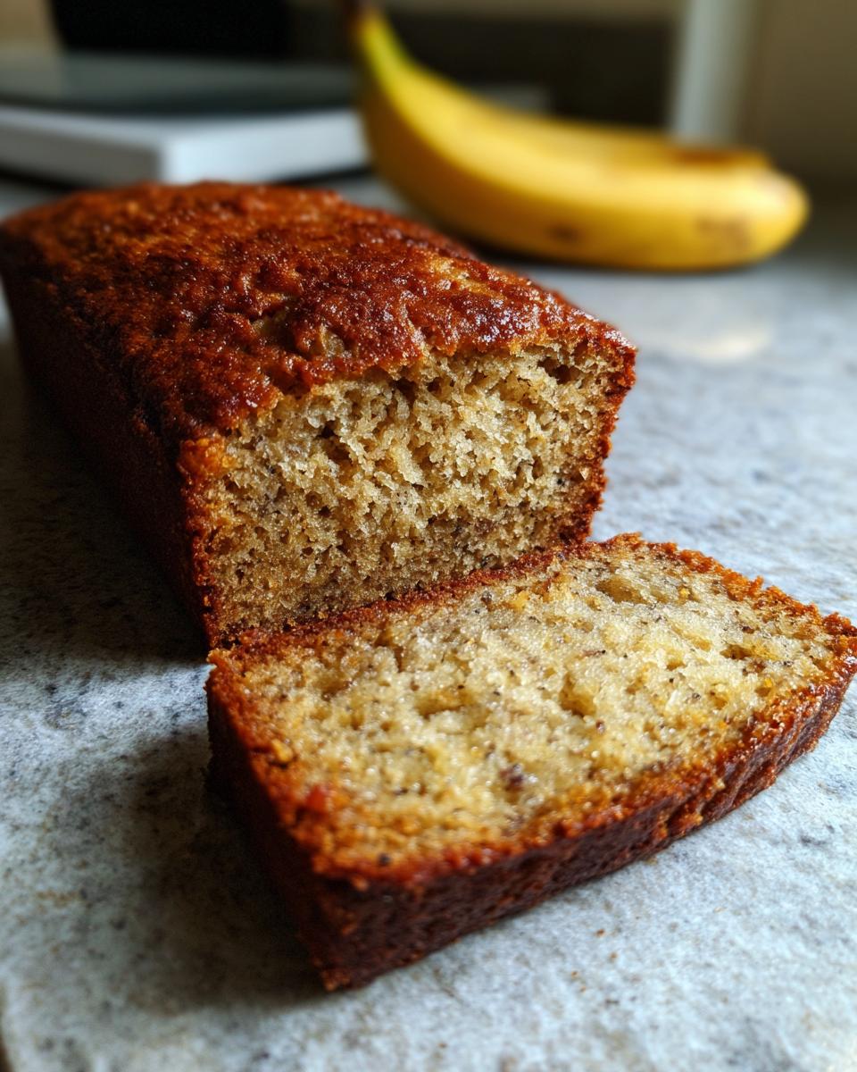Close-up of sliced banana bread loaf with a banana in the background. Learn How to Make Banana Bread!