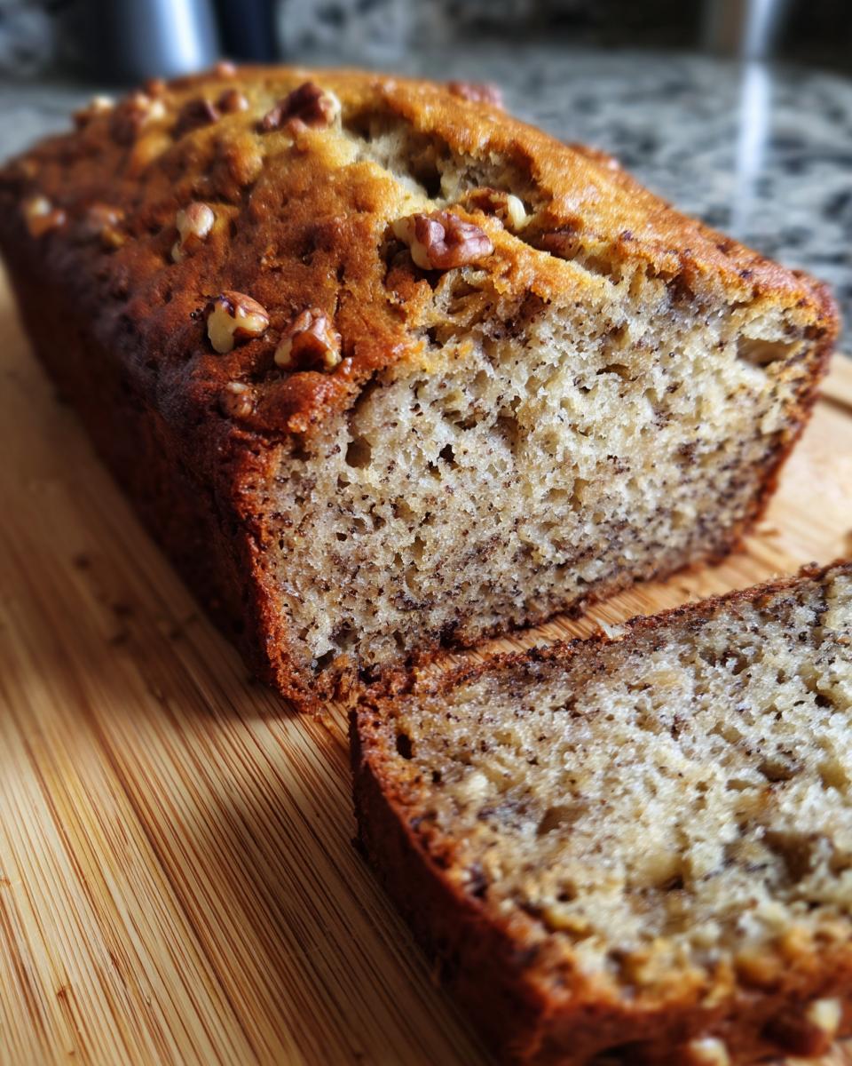 Freshly baked Banana Bread Recipe Everyone Asks For, sliced on a wooden board and topped with walnuts.