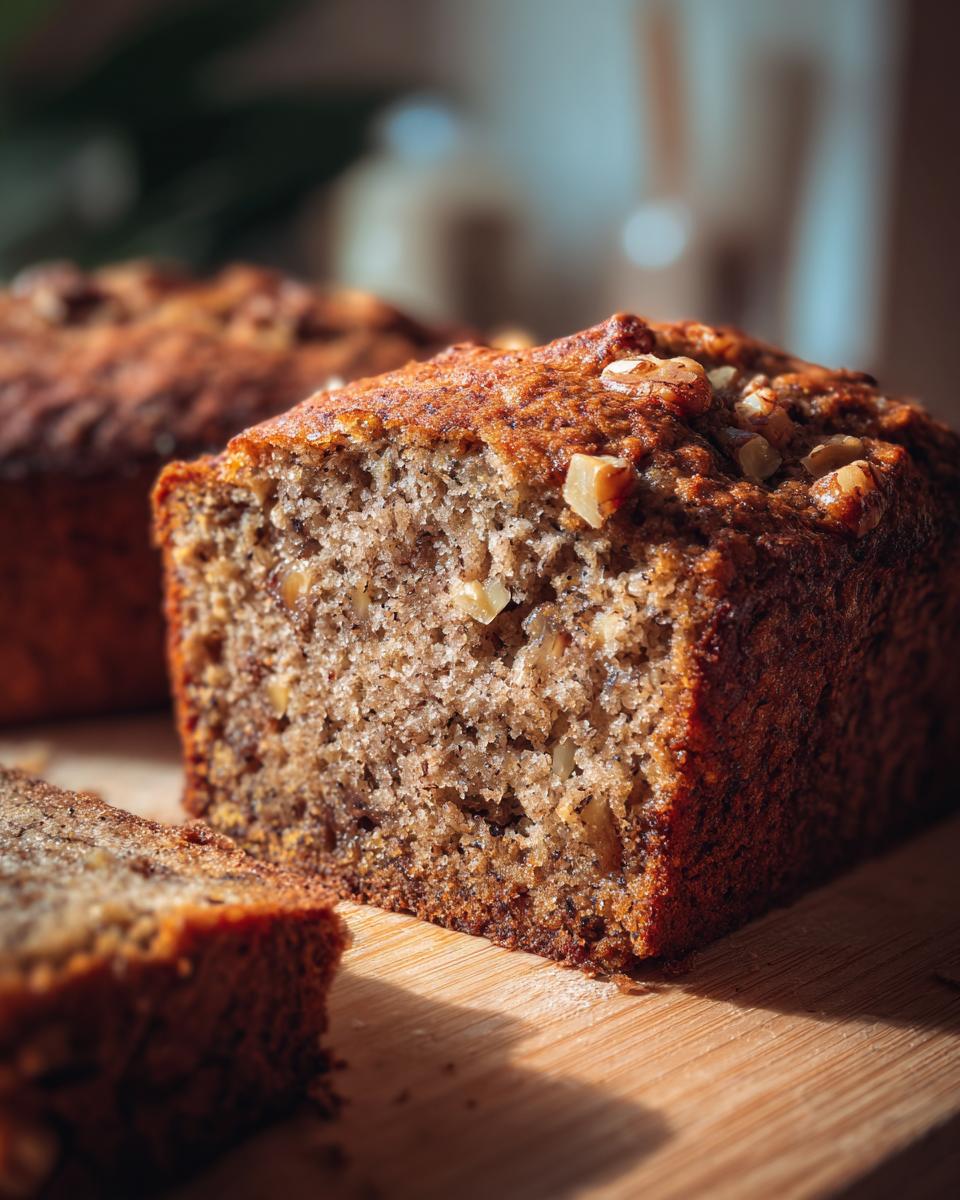 Close-up of a slice of Banana Bread Recipe everyone asks for, showcasing its moist texture and walnut topping.