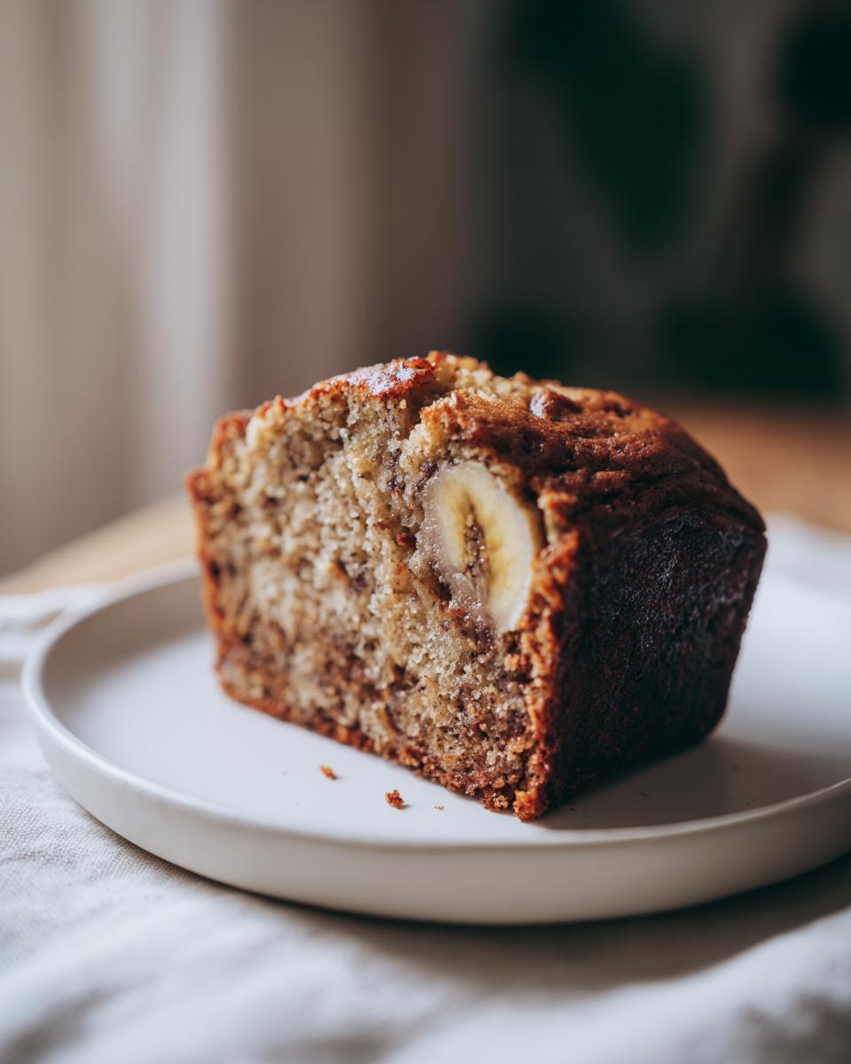 A slice of moist Banana Bread in 20 Minutes, showcasing the banana slices and texture on a white plate.
