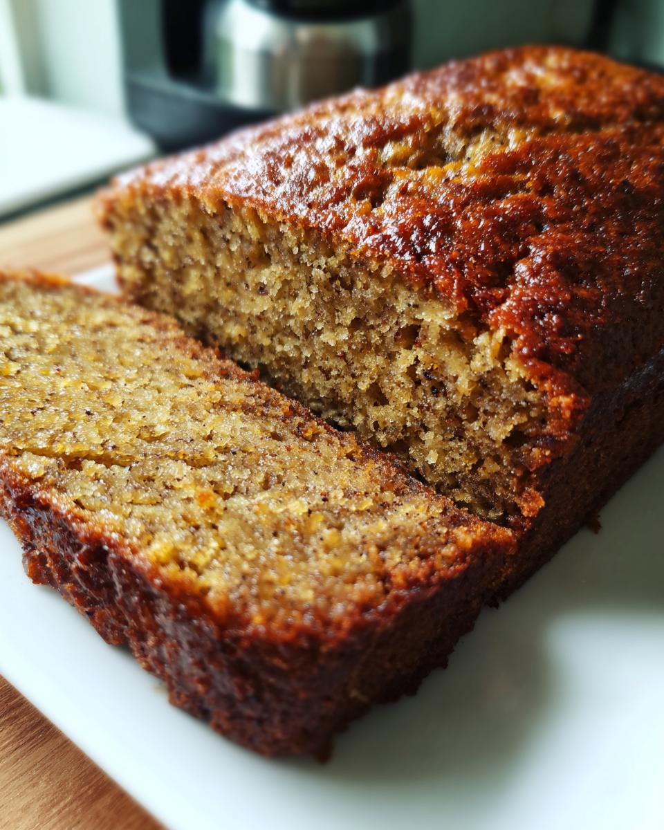 Close-up of a slice of moist Banana Bread for Busy Weeknights, showcasing its texture and golden-brown crust.
