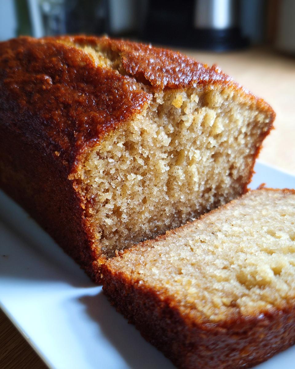 A slice of moist Banana Bread, perfect for busy weeknights. Golden crust and soft crumb.