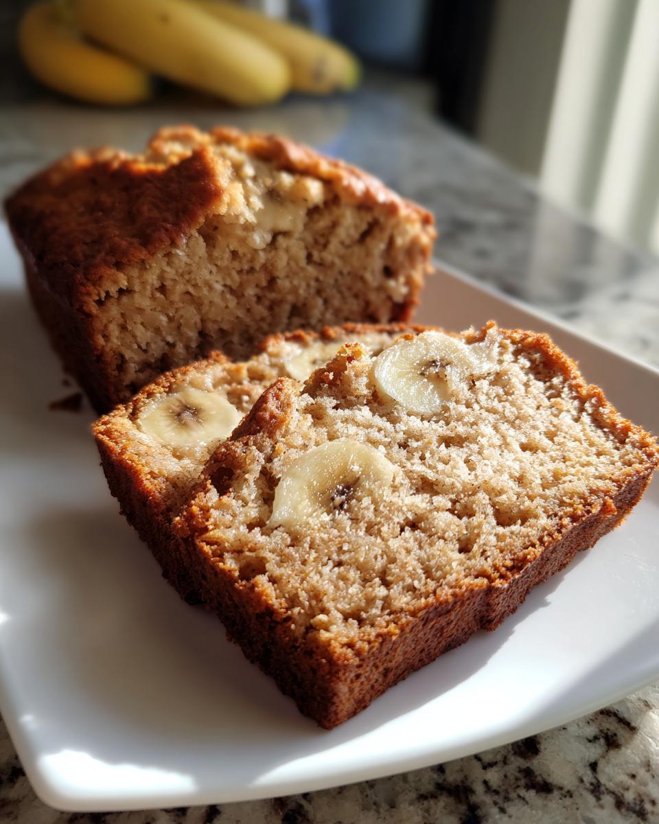 Close-up of sliced Banana Bread, topped with banana slices, on a white plate. 