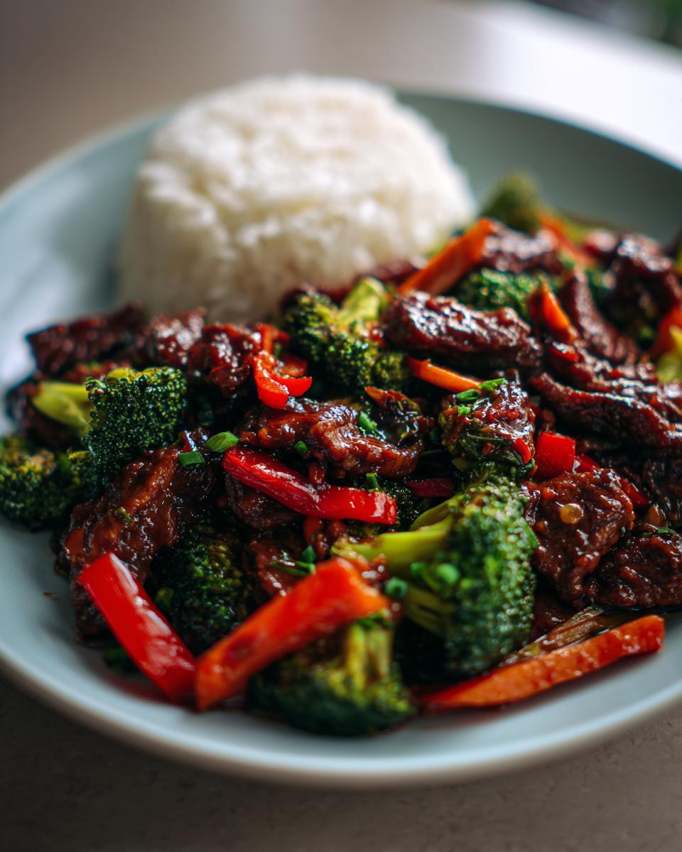 Beef stir-fry with broccoli, peppers, and rice, perfect for Dinner Ideas in 20 Minutes.