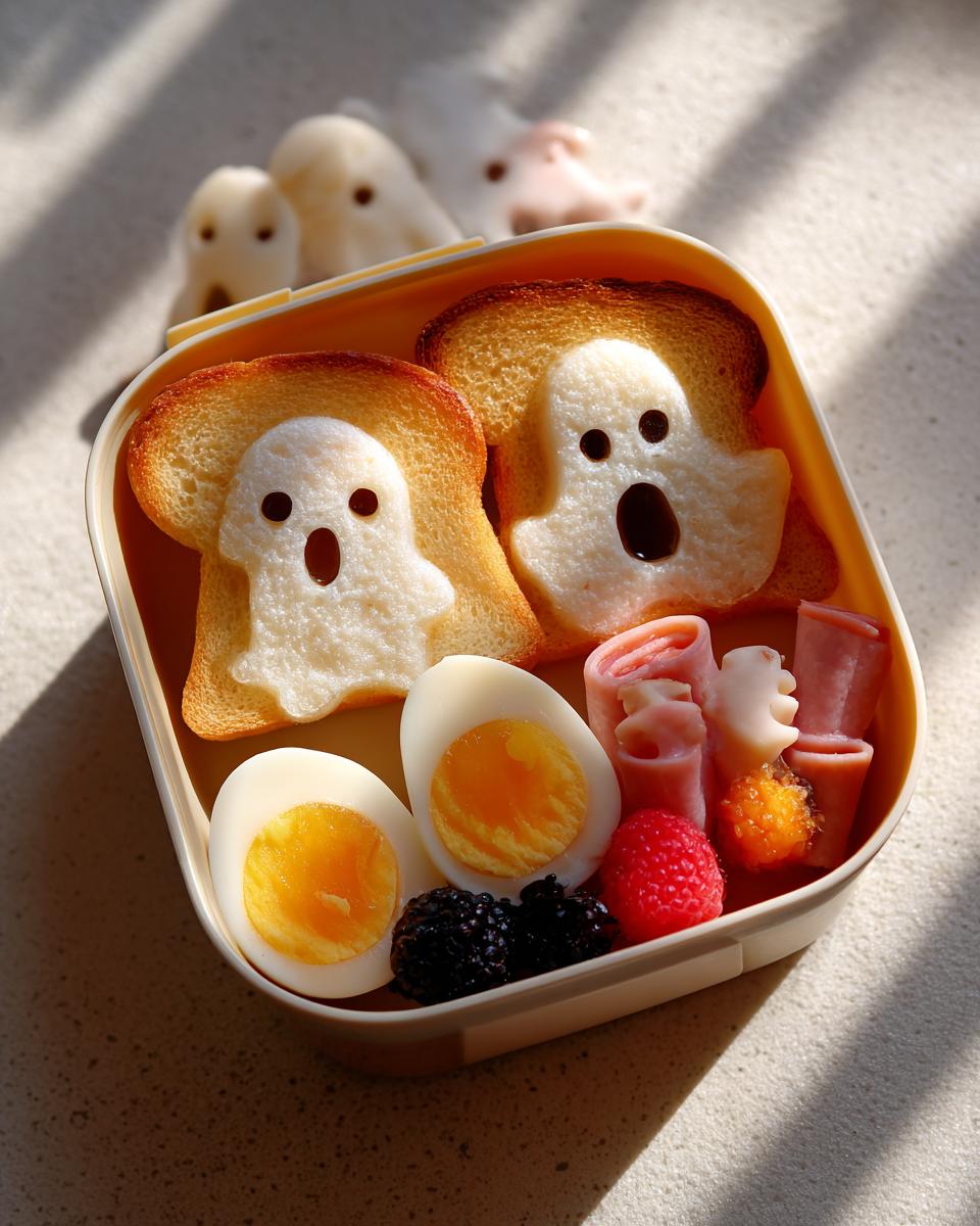 A Bento-Style Spooky Breakfast Box with ghost-shaped toast, eggs, berries, and ham rolls.