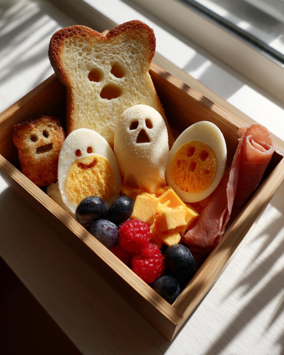 A Bento-Style Spooky Breakfast Box featuring ghost-shaped toast, eggs, cheese, berries, and ham.