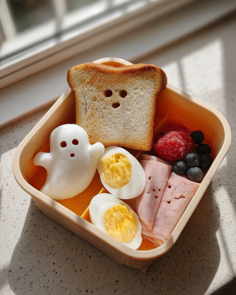 A Bento-Style Spooky Breakfast Box featuring a ghost-shaped yogurt, toast with a face, eggs, ham, and berries.