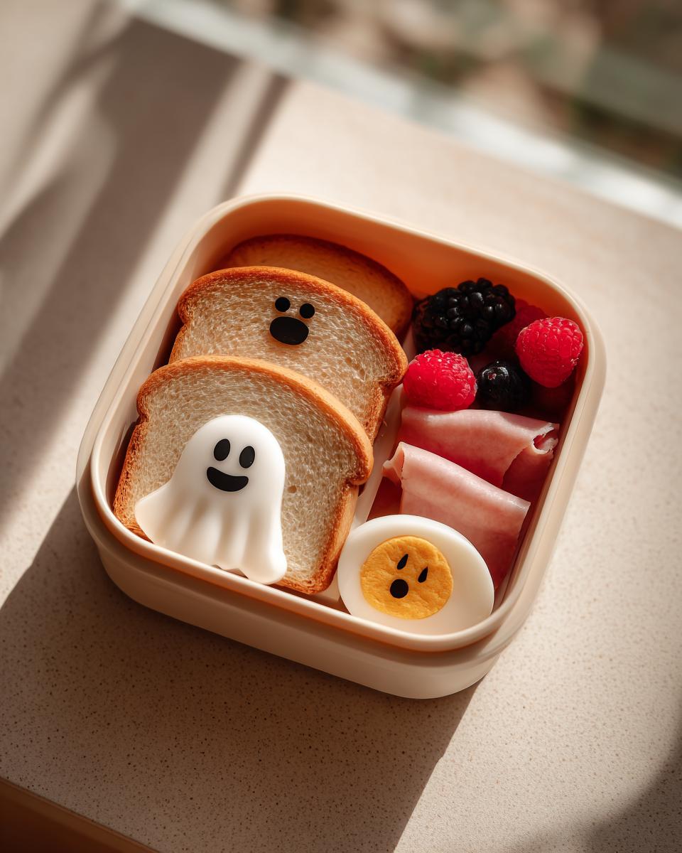 A Bento-Style Spooky Breakfast Box featuring ghost-shaped toast, decorated egg, berries, and ham.