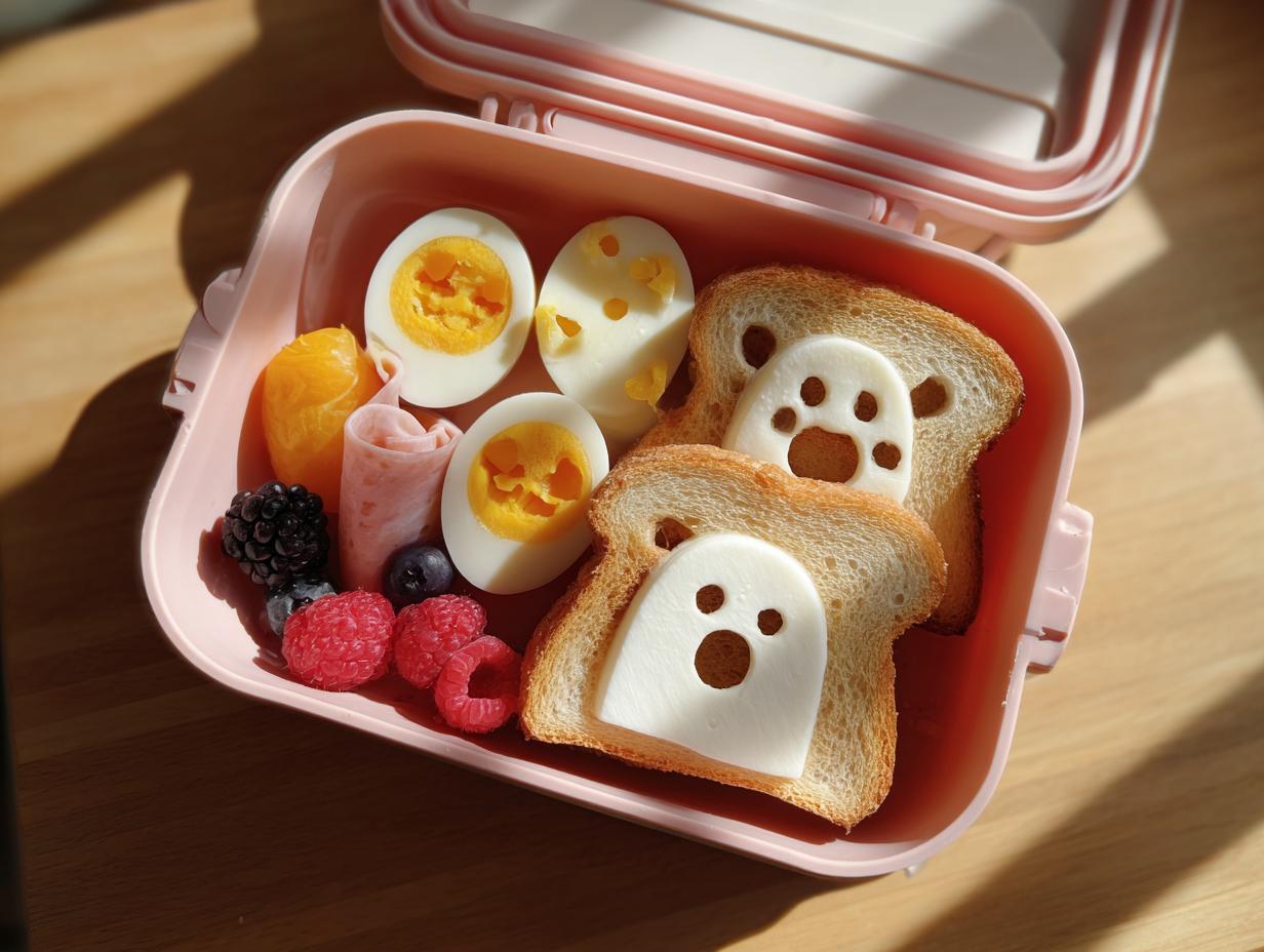 A Bento-Style Spooky Breakfast Box featuring ghost-shaped cheese on toast, eggs, fruit, and ham.