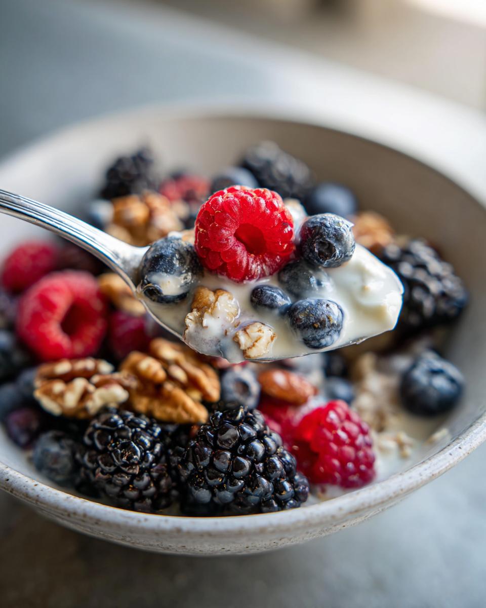 A spoonful of mixed berries, nuts, and yogurt, showcasing What Makes Perfect Breakfast Ideas? Try This.