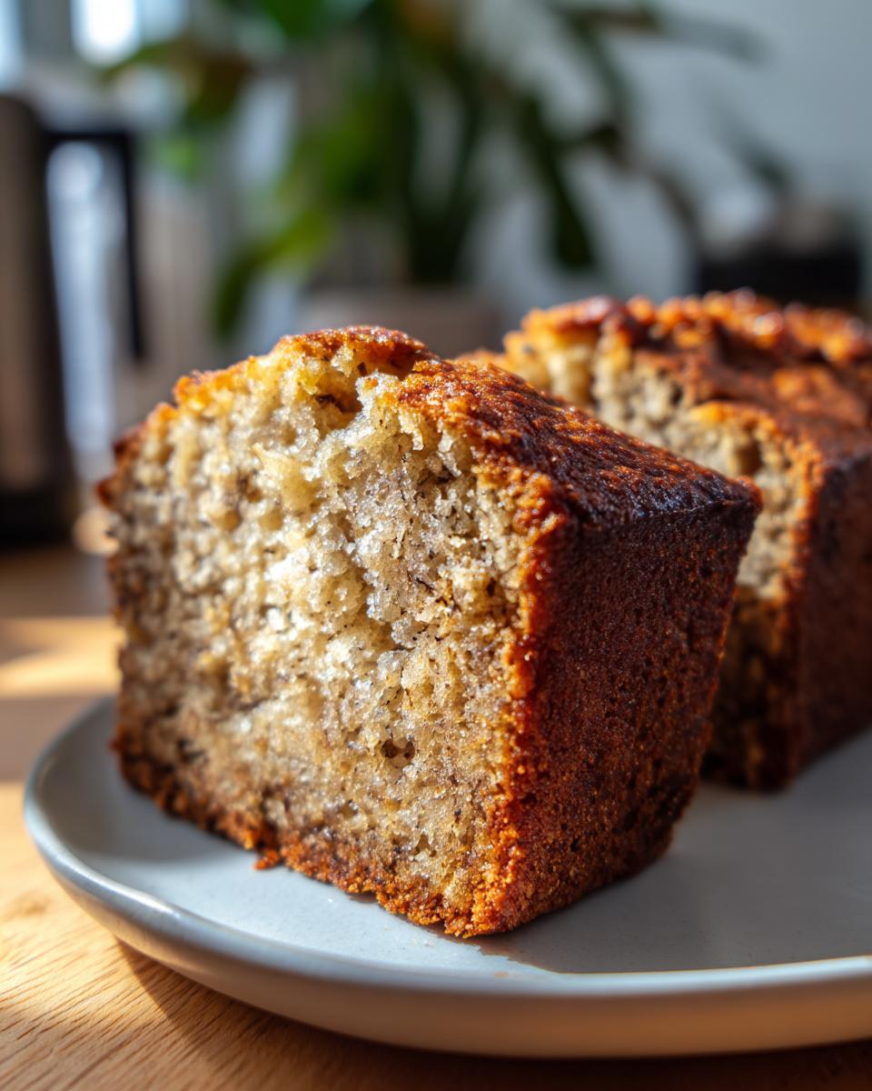 A slice of Best Banana Bread 2025: Crispy Outside, Juicy Inside, on a plate, showing the moist interior.