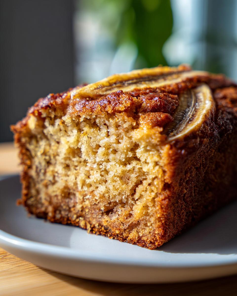 Close-up of a slice of Best Banana Bread 2025: Crispy Outside, Juicy Inside, showing texture and banana topping.