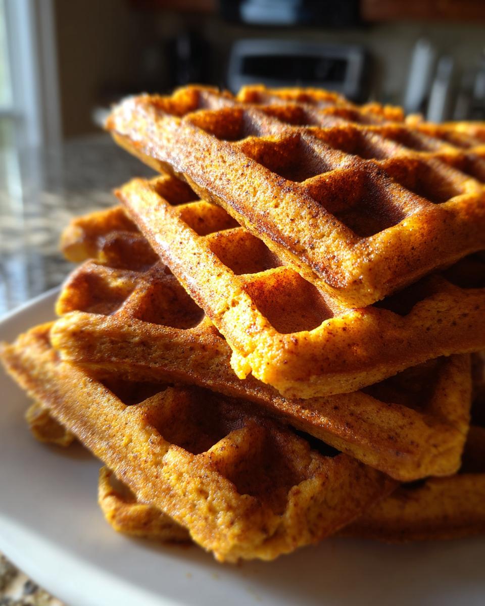 A stack of golden brown Blender Pumpkin Waffles on a white plate, ready to be enjoyed.