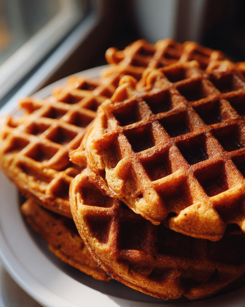 A stack of golden brown Blender Pumpkin Waffles on a white plate, ready to eat.