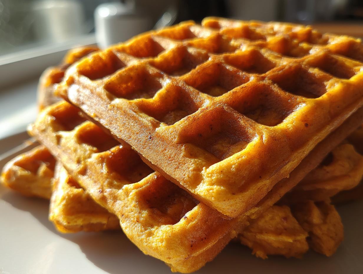 A stack of golden-brown Blender Pumpkin Waffles, perfect for breakfast or brunch.
