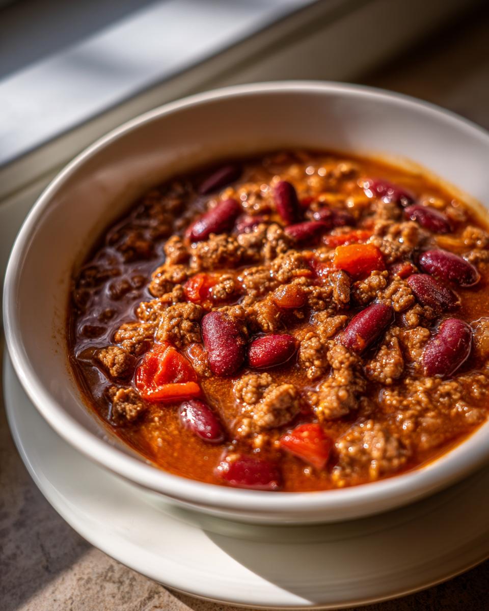 A bowl of chili, a great Dinner Ideas Recipe Everyone Asks For, with ground beef, kidney beans, and tomatoes.