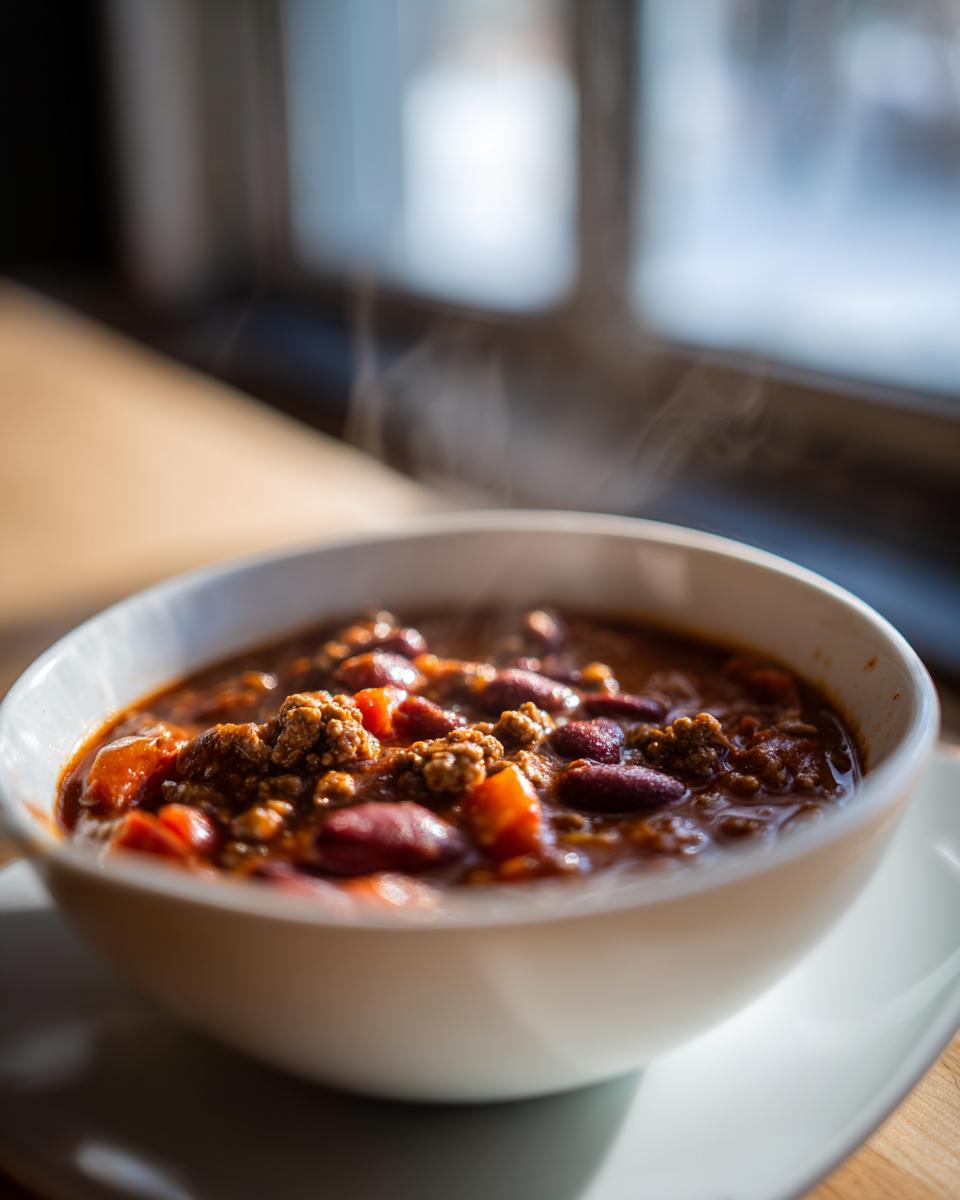 A steaming bowl of chili, a hearty dinner recipes recipe everyone asks for, with beans, meat, and vegetables.