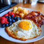 A plate of classic breakfast ideas, including a fried egg, bacon, potatoes, strawberries, and blueberries.