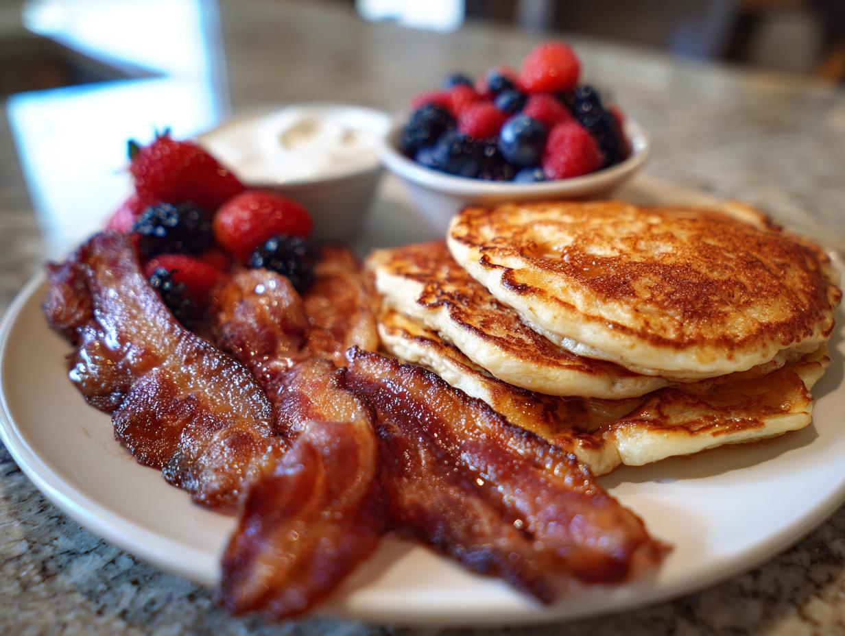 Pancakes, bacon, and berries, a Breakfast Ideas Recipe Everyone Asks For. A delicious and satisfying breakfast.