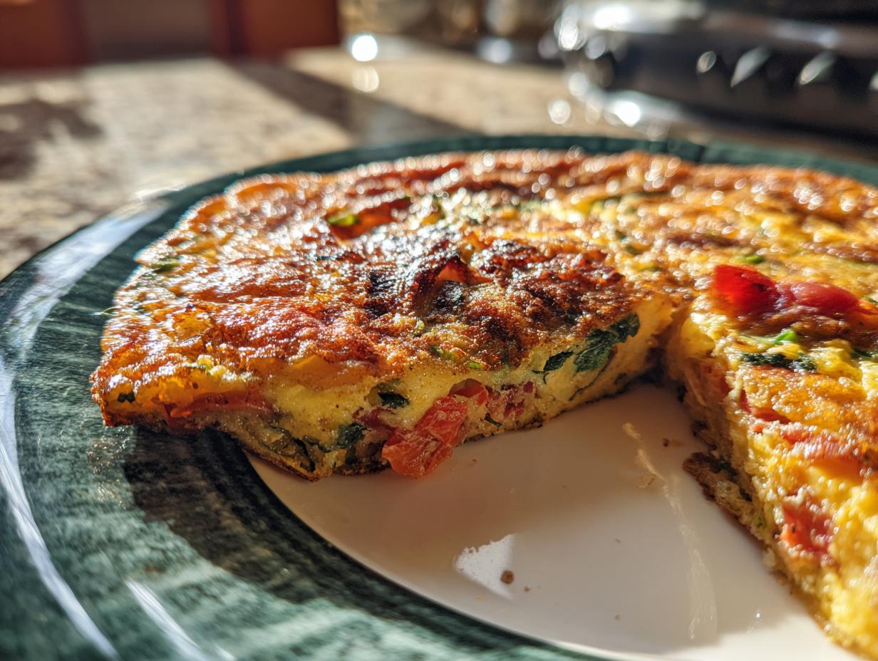 Close-up of a frittata with tomatoes and spinach, a great example of Breakfast Ideas.