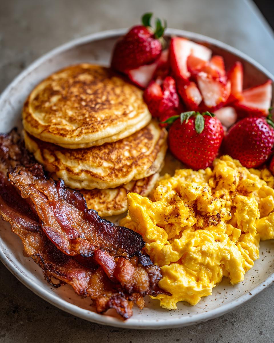 Plate of pancakes, crispy bacon, scrambled eggs, and fresh strawberries. Great for Ultimate Breakfast Ideas Guide.