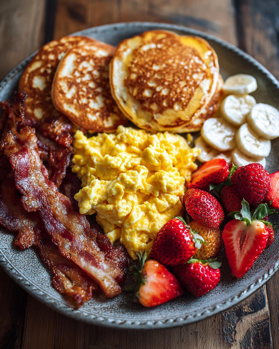 A plate of breakfast with pancakes, scrambled eggs, bacon, strawberries, and bananas. Ultimate Breakfast Ideas Guide.