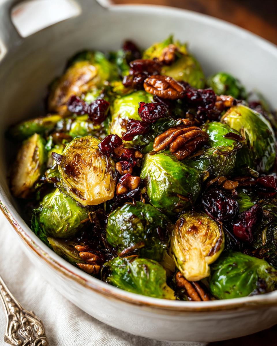 Close-up of Brussels sprouts salad with cranberries and pecans, part of the Best Thanksgiving Salad Recipes 2025.