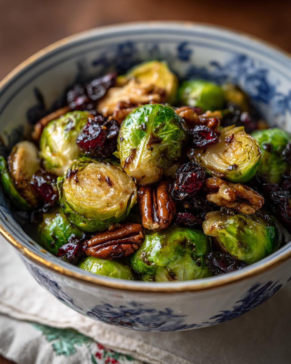 Close-up of a bowl of Brussels sprouts with pecans and cranberries for a Best Thanksgiving Salad Recipes 2025: Crispy Outside, Juicy Inside.