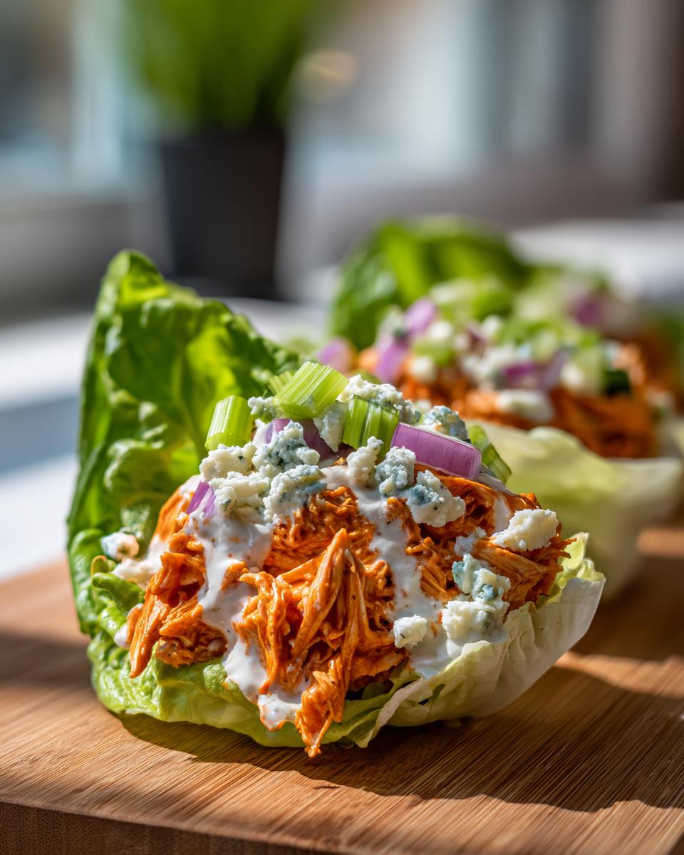 Close-up of Buffalo Chicken Lettuce Wraps topped with blue cheese, celery, and red onion.