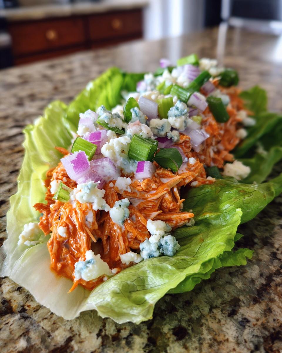 Close-up of Buffalo Chicken Lettuce Wraps topped with blue cheese, red onion, and green onion.
