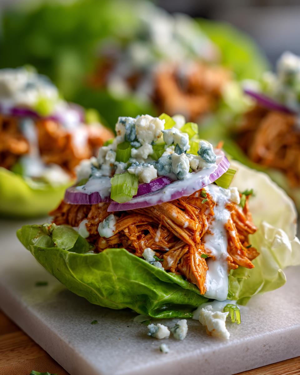 Close-up of Buffalo Chicken Lettuce Wraps topped with blue cheese, red onion, and ranch dressing.