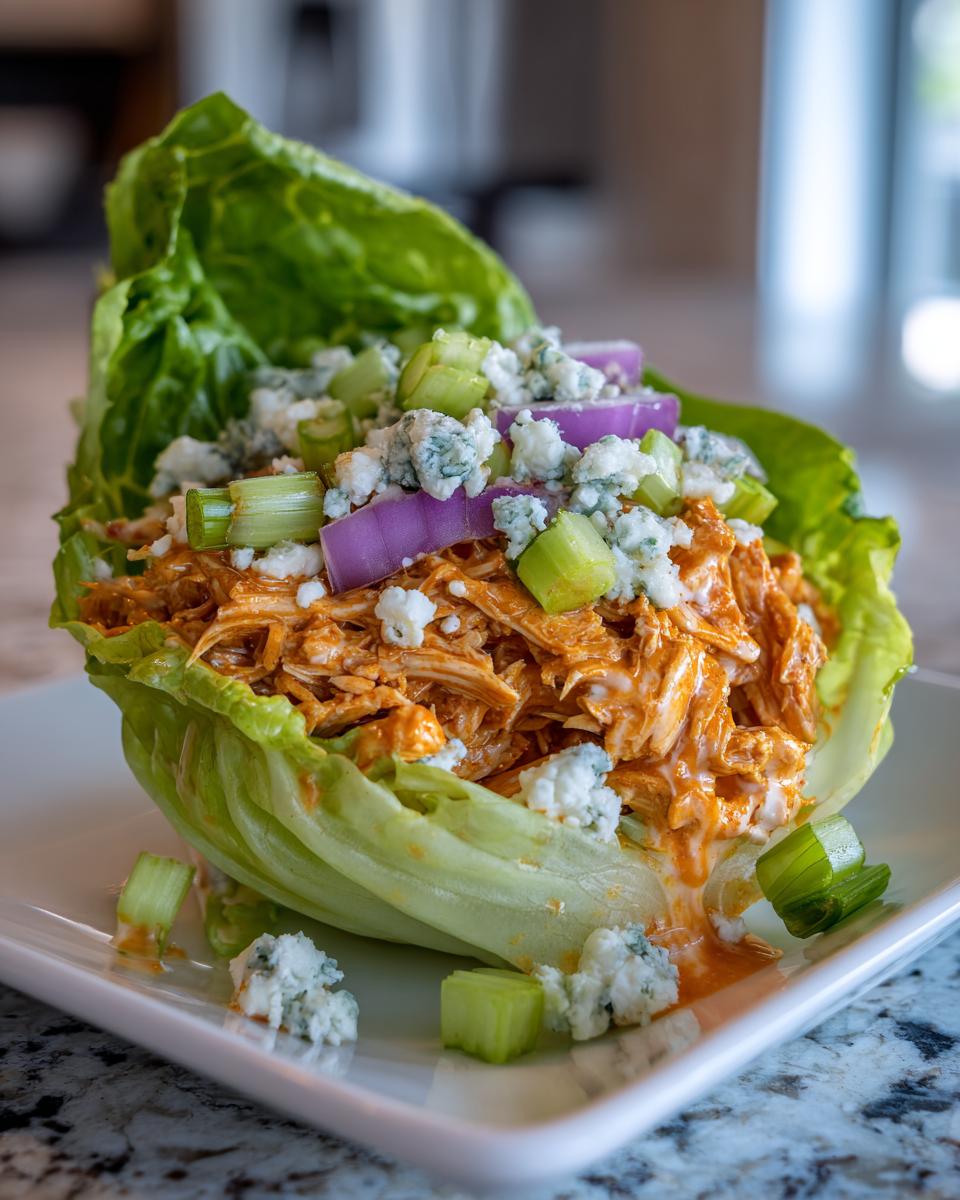 A delicious Buffalo Chicken Lettuce Wraps filled with shredded chicken, blue cheese, celery, and red onion.
