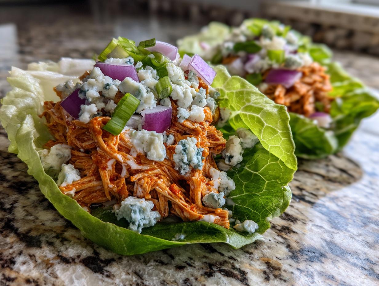 Two Buffalo Chicken Lettuce Wraps topped with blue cheese, red onion, and green onion.