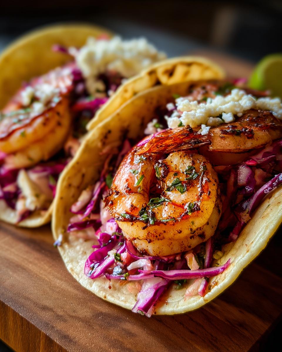 Two Cajun Shrimp Tacos With Slaw, topped with cheese and herbs, served on a wooden board.