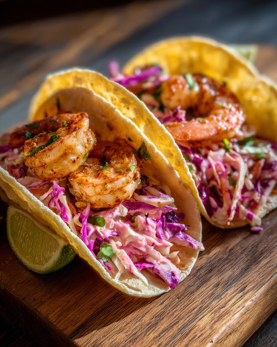 Two Cajun Shrimp Tacos With Slaw on a wooden board with a lime wedge.