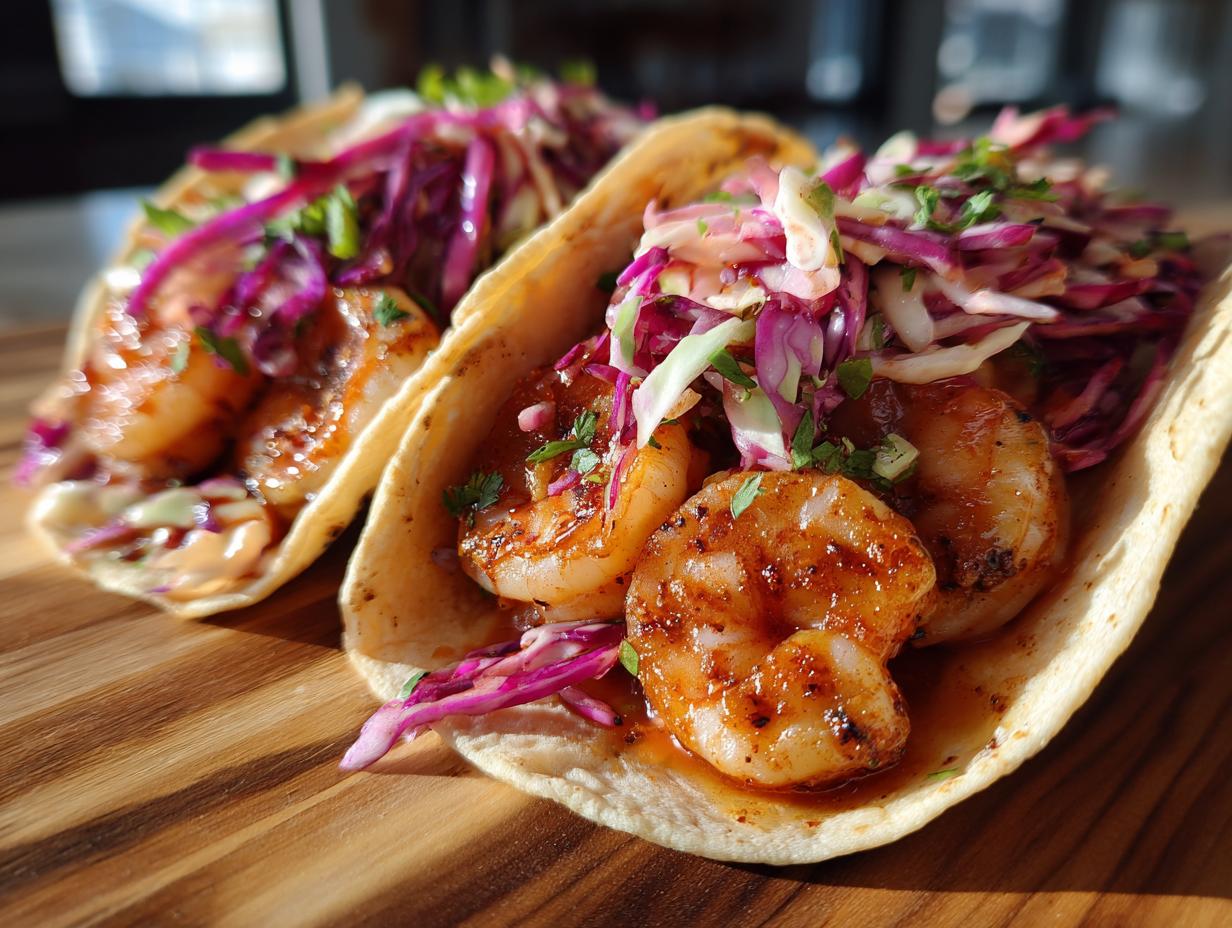 Two Cajun Shrimp Tacos With Slaw on a wooden board, featuring seasoned shrimp and colorful slaw.