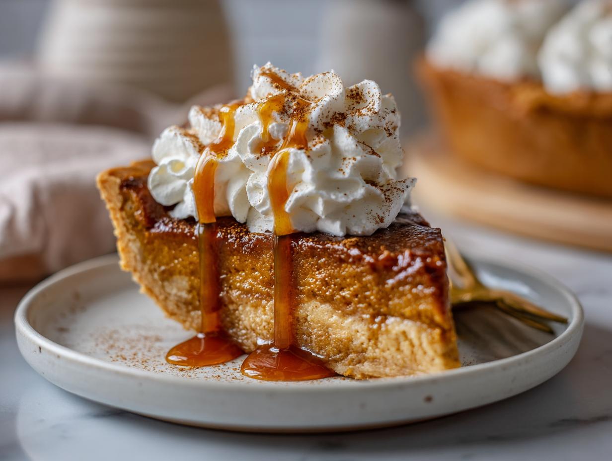 A slice of caramel pie with whipped cream and caramel drizzle, a perfect 5-Ingredient Thanksgiving Dessert.