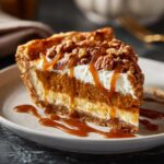A slice of layered pumpkin pie with caramel drizzle, perfect for Restaurant-Style Thanksgiving Desserts at Home.