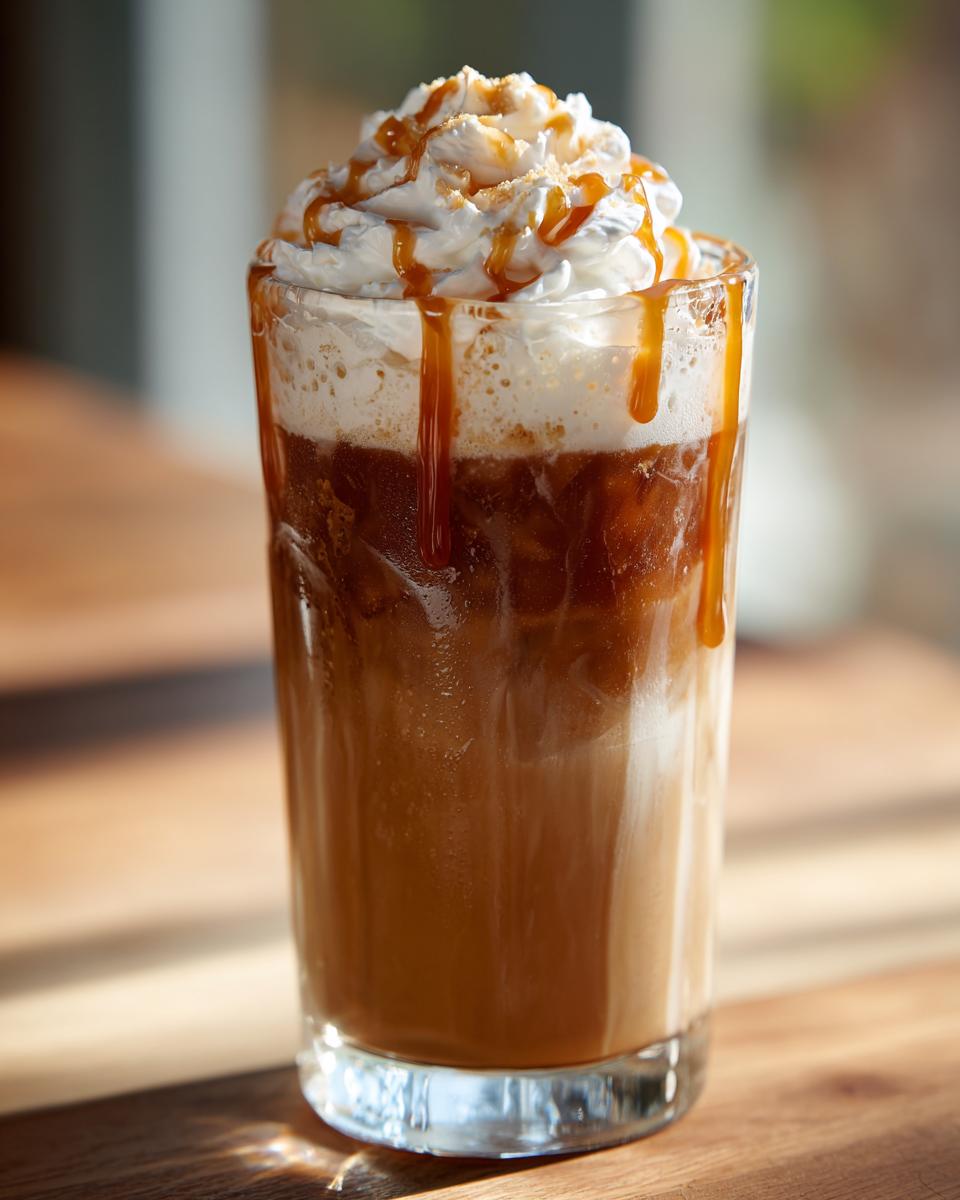 Tall glass of caramel iced coffee with whipped cream, caramel drizzle, a Restaurant-Style Starbucks Drinks at Home.