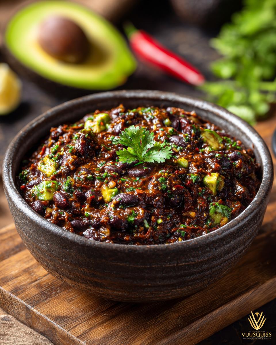 A bowl of "Cauldron" Black Bean & Avocado Dip, garnished with cilantro, avocado, and served with lime.