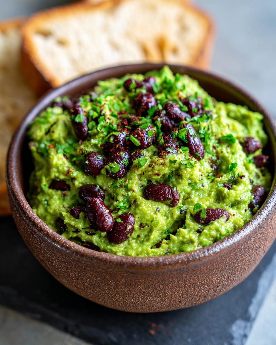 Close-up of "Cauldron" Black Bean & Avocado Dip in a brown bowl, garnished with beans and herbs.