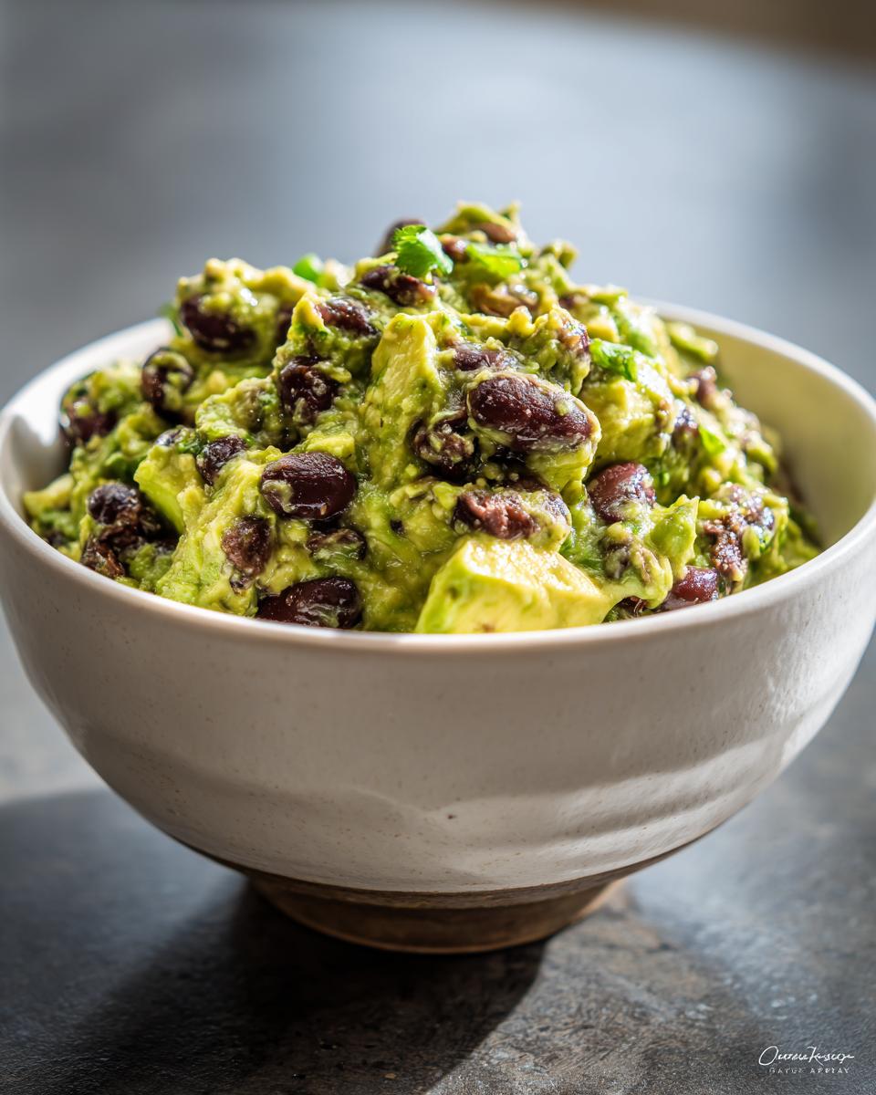 A bowl of creamy "Cauldron" Black Bean & Avocado Dip, featuring fresh ingredients and vibrant colors.