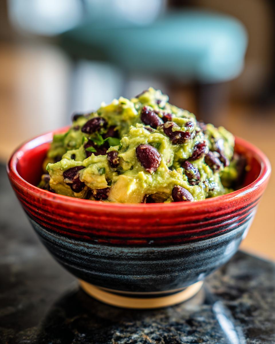 A bowl of "Cauldron" Black Bean & Avocado Dip, featuring creamy avocado and black beans.