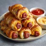 A stack of Cheese-Stuffed Mummy Dogs on a plate, with ketchup and mustard dipping sauces.